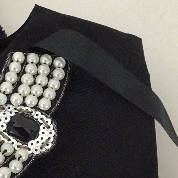 Connected, Black Fitted Dress with Jeweled Neckline. Evening, Wedding, Church. - Picture 3 of 8